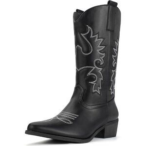 Women Black Manmade Material Mid Calf Embroidered Low Heel Pointed Toe Boots